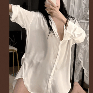 Women's White Long Sleeve Nightshirt Button Down Sleepwear, Breathable Pajama Top for Home and Spa